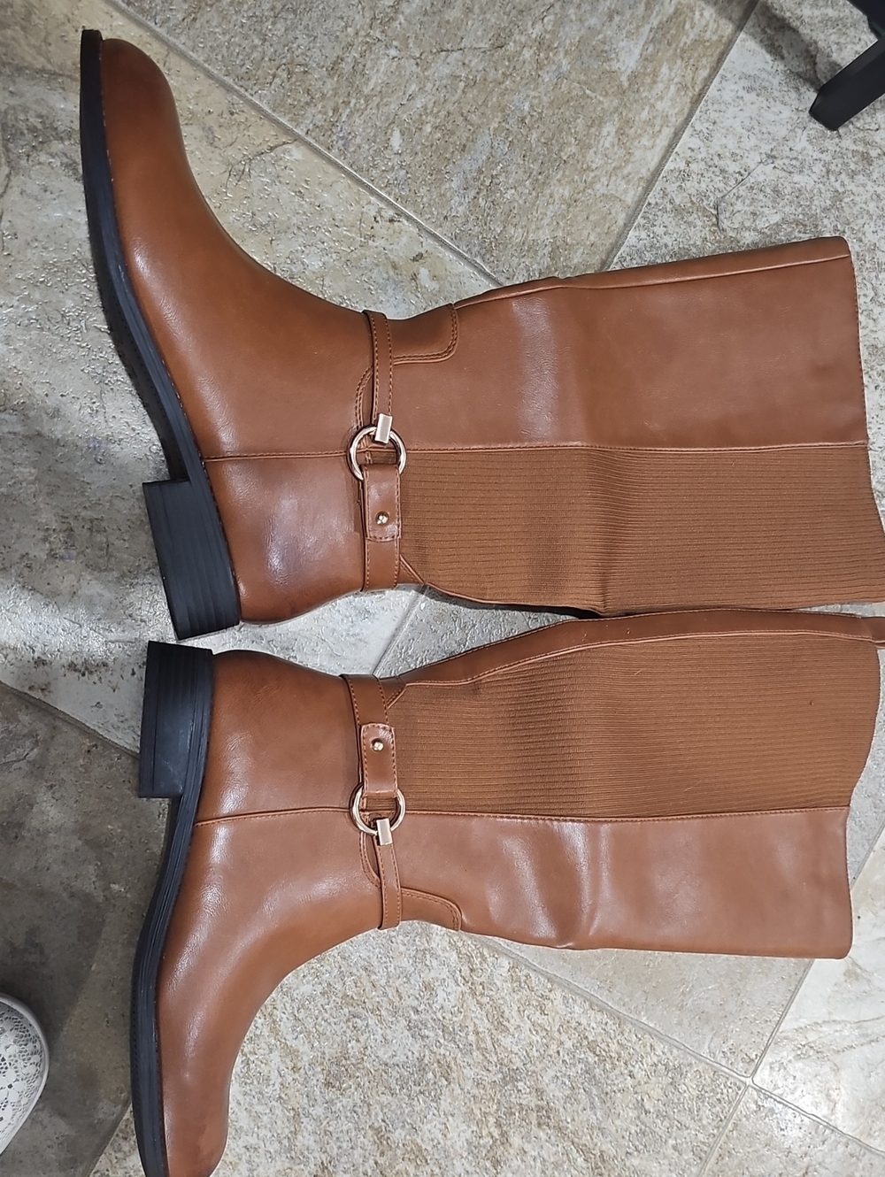 Women's Tall Riding Boots with Stretch Panel - Cognac Brown